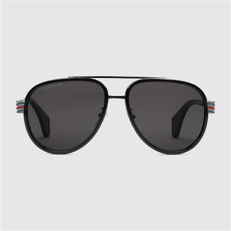 Black Acetate Aviator Sunglasses With Grey Polarized Lens .